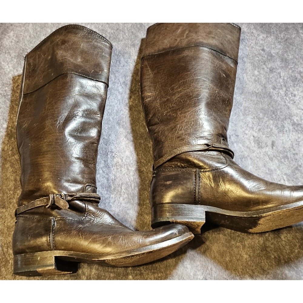 Frye Melissa Belted Tall Dark Brown Leather Riding Boots Women's 7.5 B 1-01515